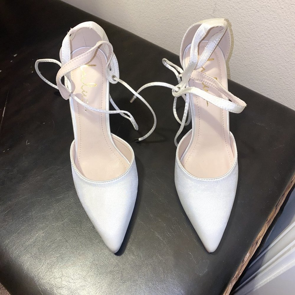 Luykle White Satin Pointed-Toe Ankle Strap Pumps